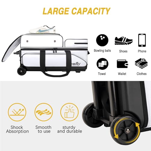 TENFLY 3 Ball Bowling Roller Bag with Wheels, Retractable Handle, Large Shoe Compartment & Accessory Pockets, Heavy Duty 1680D Oxford for Men Women Bowlers by TENFLY - Image 3