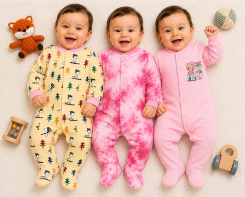 Image of EIO 100% Cotton Baby Rompers Sleepsuits Jumpsuits Night Suits for Newborn Baby Boys & Girls | Soft Infant Bodysuit | Pack of 3 Kids Rompers
