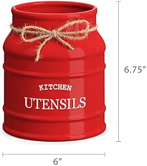 Barnyard Designs Ceramic Farmhouse Utensil Holder for Kitchen Counter, Large Rustic Utensil Crock, Countertop Cooking Tool Spatula Organizer, 6.75” (Red)