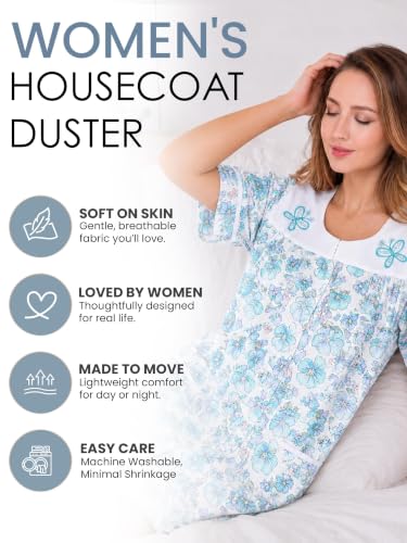 Image of Casual Nights Women's Snap - Front House Dress Short Sleeve Woven Housecoat Duster Lounger Robe with Pockets