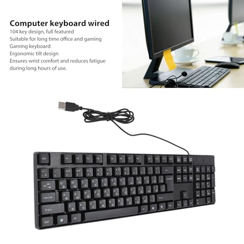 Clavier Azerty dla Języka Rosyjskiego K1800 Klawiatura Mniejszościowa – 104 Klawisze Przewodowa Klawiatura do Gier i Komputera USB z Kablem o Długości 4,9 Stopy do Ergonomicznego