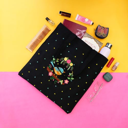 Image of picknMAKE Fabric DIY Aesthetic & Stylish Embroidery Tote Bags For Women Office Use, College Girls, Big Size Tote Bag With Zip And Secured Pocket Inside Bag (All Material Included)
