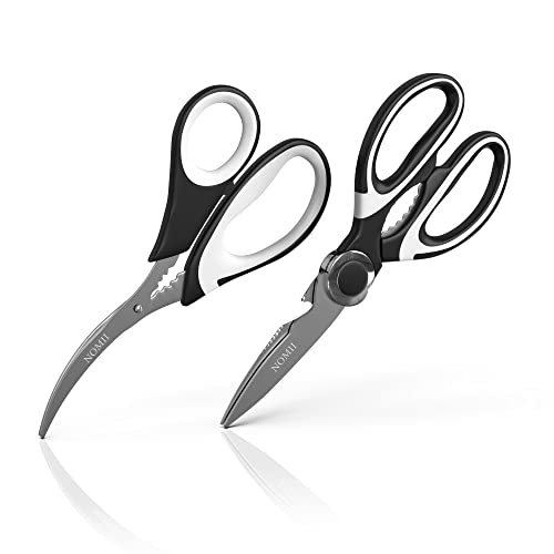 Nomii Kitchen Shears Heavy Duty - (2 Pack) Stainless Steel Heavy Duty Kitchen Scissors Perfect For Chicken, Vegetables, Fish, Meat, Herbs - Dishwasher Safe, Black & White #TOP1