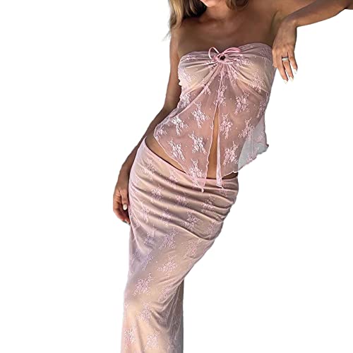 Gupgi 2 Piece Lace Long Skirt Outfits for Women Lace Mesh Long Sleeve Off Shoulder Crop Tops Sheer Lace Floral Skirt Set2