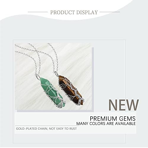 QAQHZW Natural Aventurine Healing Crystal Stone Necklace Silver Tree of Life Wire Wrapped Hexagonal Crystal Points Pendant Necklace for Women Thanksgiving Day Gift