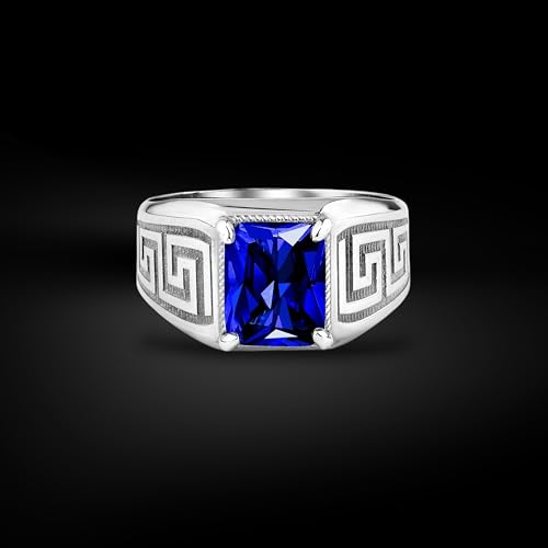 Bague pour hommes en argent saphir bleu rectangle gravé - 2