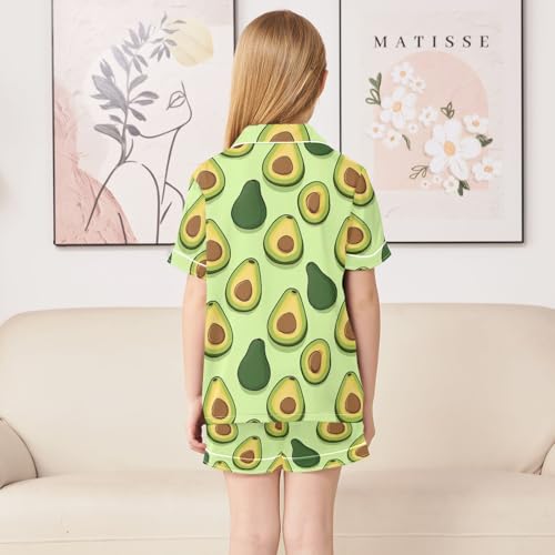 Green Avocado Print Summer Satin Pajama Set, Cute Button-Down Sleepwear Pj Set for Sleep Wears4