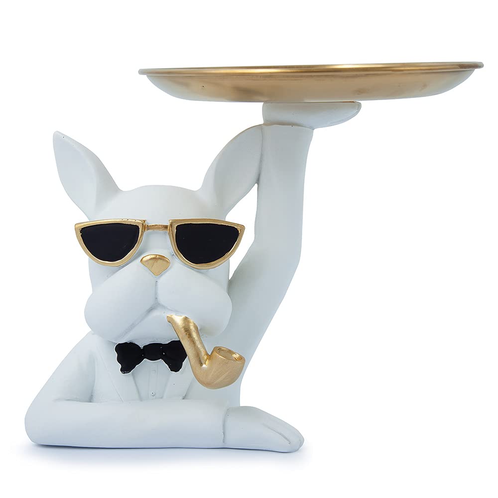 Dubai Decoration - Key Holding Tray Bulldog Shape Delicate Design Multi-Purpose Resin Durable Animal Snack Fruit Tray Home Decoration (White)