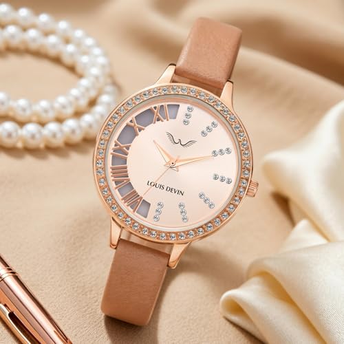 Image of LOUIS DEVIN Pink /Beige /Brown /Black Faux Leather Strap Analog Wrist Watch for Women (Silver /Rose Gold /Brown /Black Dial) | LD-CP501