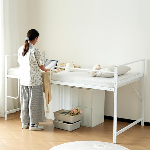 ロフトベッド パイプベッド シングル 耐荷重120kg ハンガーポール付き コンセント付き ロータイプ 階段 収納 一人暮らし 子供部屋 スチール 耐震ベッド (ホワイト 高さ110cm) [2]