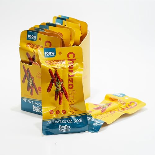 Bean Stalk Savory Chorizo Snack | Plant Based Salami Sticks | 100% Meatless Vegan Jerky | Authentic Chorizo Flavor | High-Protein 7g | Non-GMO | Perfect On-the-Go Snack | 12 pack (8.4oz/240g)