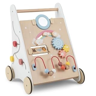 GYMAX Wooden Baby Walker, All-in-One Toddler First Step Activity Interactive Push Along Toy with Handle & Smooth Rubber Wheels, Sit-to-Stand Learning Walker for Girls & Boys (White+Natural)