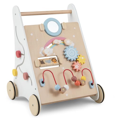 GYMAX Wooden Baby Walker, All-in-One Toddler First Step Activity Interactive Push Along Toy with Handle & Smooth Rubber Wheels, Sit-to-Stand Learning Walker for Girls & Boys (White+Natural)