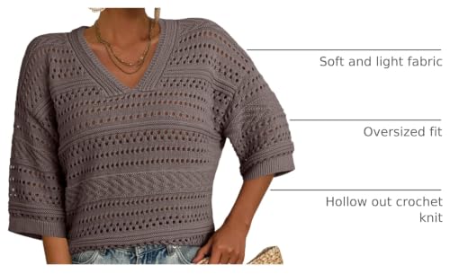 Image of Acelitt Crochet Tops for Women Summer Short Sleeve Sweater | Boho Striped Knit Top, 3 /4 Sleeve, Hollow Out Oversized Sweaters, Lightweight Blouses, Spring Fall Outfits for Beach Vacation