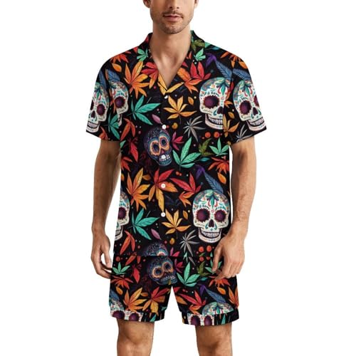 Colorful Skull Weed Plants Mens Pajamas Set Short Sleeve Sleepwear Summer Pjs Sets 2 Piece Loungewear Nightwear