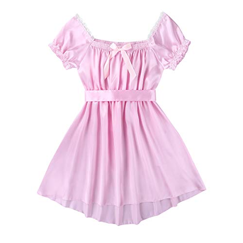 YiZYiF Men's Satin Frilly Girly Costumes Sissy Dress Cross Dresser Lingerie Pajamas Nightwear Pink X-Large