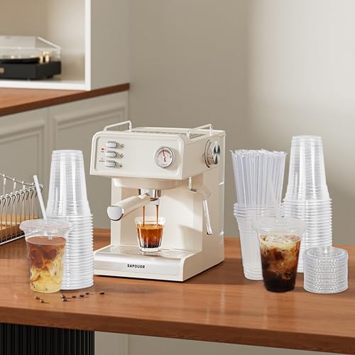 Zcaukya 100 Sets 16oz Clear Plastic Cups with Flat Lids & Straws, Disposable To-Go Cups for Iced Coffee, Soda, Smoothies, Fruit Juices, Iced Tea and Other Cold Soft Drinks