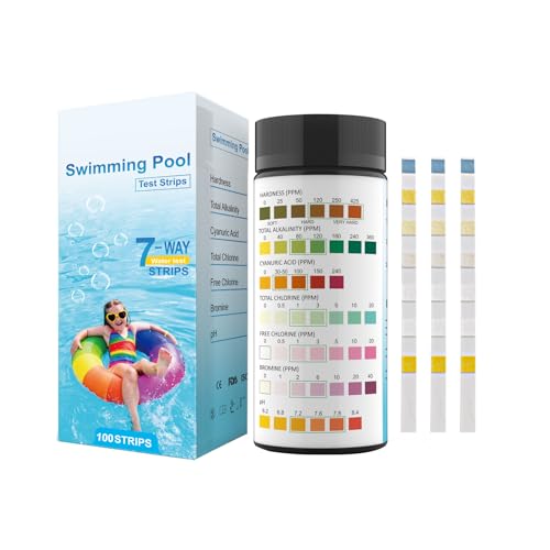 Ueomul Test pH Piscina & Spa 7 in 1, 100pcs Strisce Analisi Acqua per test accurato di Durezza, Alcalinità Totale, Acido Cianurico, Cloro Totale, Cloro Libero, Bromo e pH