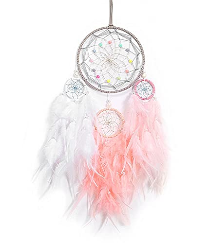 Shuguan Atrapasueños para niñas, hecho a mano, romántico único atrapasueños, cuentas y plumas, adorno para colgar en la pared, regalo para dormitorio (rosa) Cover