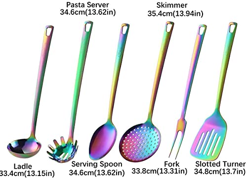Kya55 Marco Almond Rainbow Titanium Long Handle Spoons,Pack Of 8 + Kya52B 7 Pcs Stainless Steel Cooking Utensils Sets With Titanium Plated #TOP6