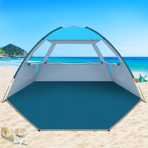 COMMOUDS Strandmuscheln für 6-8 Personen, Tragbarer Strandzelt mit UV-Schutz 50+, Familie Sonnenzelt Strand mit 3 Mesh Fenster, Schnelle Montage, Einfaches Tragen Schirm Strandmuschel für Outdoor