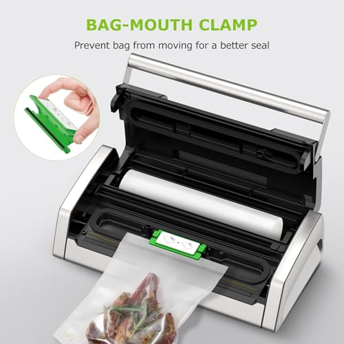 Image of Bonsenkitchen Vacuum Sealer for Food, Easy-Lock Handle Vacuum Sealer Machine with Bag Clip, Built-in Cutter and Bag Storage for Sous Vide and Meal Prep, 1 Roll Bag & 10 Pre-Cut Bags, Silver