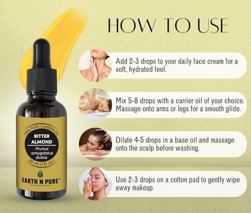 Image of Earth N Pure Bitter Almond Oil (Badam Oil) Cold Pressed, Therapeutic Grade for Body, Skin, Hair 30 ml