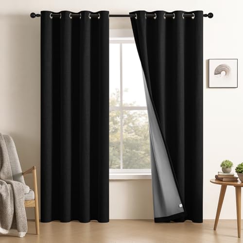 CUCRAF 100% Total Blackout Curtains 54 Length for Window Treatment, Faux Linen Thermal Insulated Grommet Drapes for Bedroom/Living Room, Set of 2 Curtain Panels(Black, 52 x 54 inches)