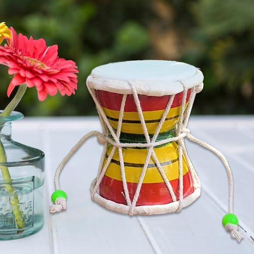 Image of HICKORY Handmade Damru - Traditional Indian Hand Percussion Musical Instrument for Pooja, Home Decor & Kids Toys