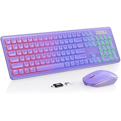 Wireless Keyboard and Mouse Combo, RGB Backlit, Rechargeable & Light Up Letters, Full-Size, Soft Typing, Sleep Mode, 2.4GHz Quiet Keyboard Set for Mac, Windows, Laptop, PC, Trueque (Purple)