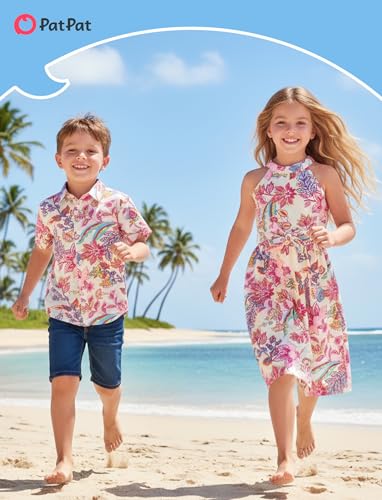 Image of PATPAT Family Hawaiian Matching Outfits - Mommy and Me Vacation Outfits | Halter Sundresses and Button Down Shirts,Caribbean Vacation Summer Tropical Outfits,Hawaiian Boho Tropical Floral Printed