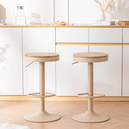 YOUNIKE Bar Stools, Solid Wood Counter Height Barstools Set of 2, Vintage High Adjustable 360° Swivel Metal Bar Chairs, Breakfast Kitchen Stools, Khaki