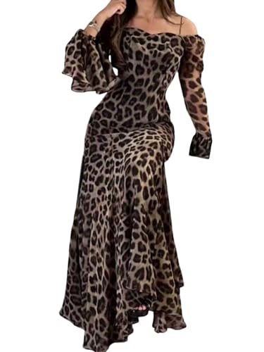 Robe de soirée élégante léopard longue avec épaules dénudées chic