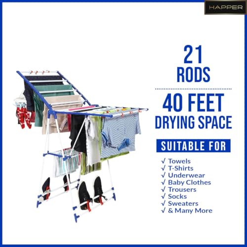 Image of Happer Mild Steel Cloth Drying Stand | Winsome | 8 Hangers | 4 Shoe Holders | 40 Feet Drying Space (White & Blue)
