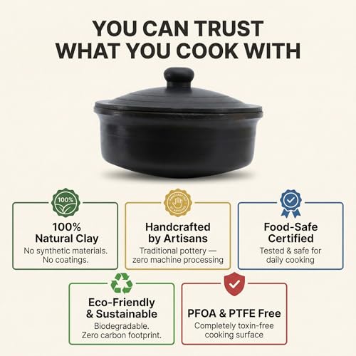 Image of Black Clay Pot for Cooking with Lid | Mitti ka Bartan for Healthy Cooking | Clay Handi | Earthen Kadai | Traditional Handmade Terracotta Cookware for Serving | Natural and Organic 1.5 L