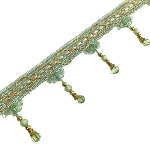 Whakano 2m Fransenborte mit Perlen 7cm Breite Meterware,Quastenborte zum Basteln Trim Borte Fringe Spitzenband Zierband Dekoborte,Band für DIY Nähen Basteln Kleidung,Vorhänge,Schal Dekoration,Grün