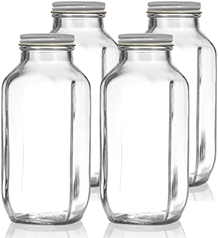 Botellas de vidrio cuadradas francesas de 16 onzas, paquete de 4, botella de agua de vidrio reutilizable para jugos, licuados, kombucha, té, leche