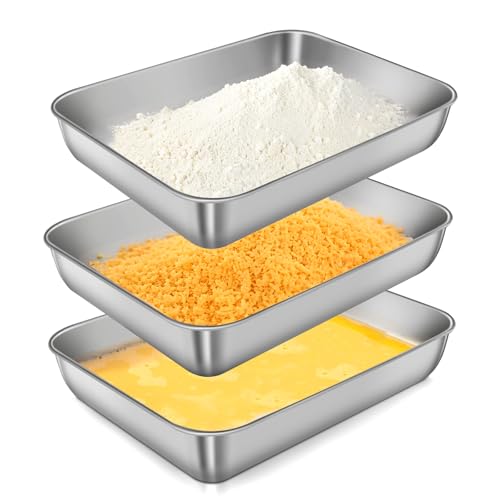 Panierschalen Set 3 Teilig, 25 x 19 x 5 cm Edelstahl Panier-Set, Panierstraße Schnitzel, Edelstahl Schale Rechteckig, Schale zum Panieren für Fisch, Fleisch und Gemüse