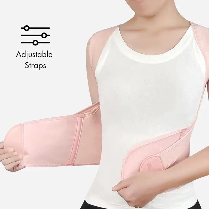 Side view of a person wearing a pink Saneo Posture Pro, highlighting the adjustable straps.