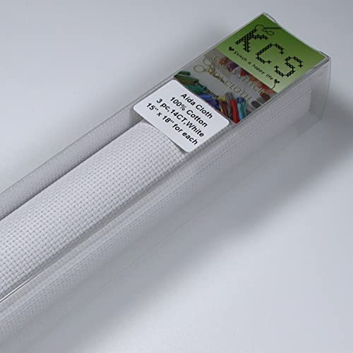 Image of KCS 3 pc of 15 inch x 18 inch Counted Cross Stitch Cotton Aida Cloth Needlework Rolled Fabric Box,14CT,White