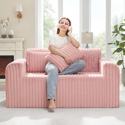 Image of Hobestluk Couch Sofa 2-Seater Foam Sofa Loveseat for Small Spaces Comfy Sofas with Removable Cover Furry Couch with Pillows for Living Room, Bedroom, Apartment, Office (Pink, Loveseat)