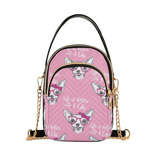 Women's Shoulder Handbag Decorative Cell Phone Wallet Chain Purse Quilted Zipper Bowler Tote Ladies Satchel Cute Chihuahua Dogs Pink Bows Pink Sketch