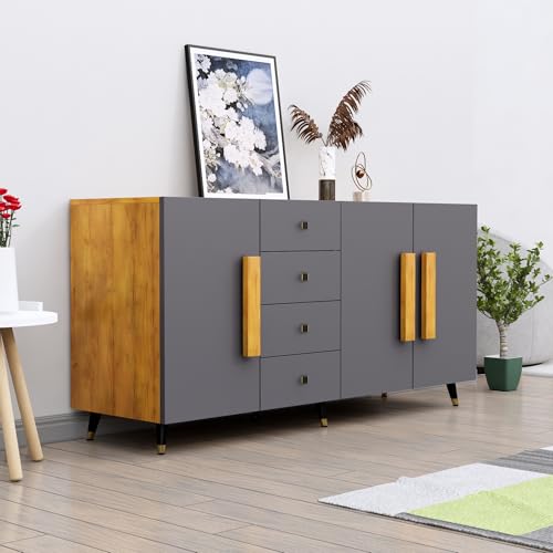 Image of Multipurpose Storage Cabinet for Living Room, Kitchen, Office, Sideboard Cabinet with 4 Drawer and 3 Door Storage (Giant Wood & Slate Grey)