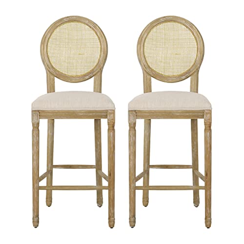 Caspar French Country Wooden Barstools with Upholstered Seating (Set of 2), Beige and Natural