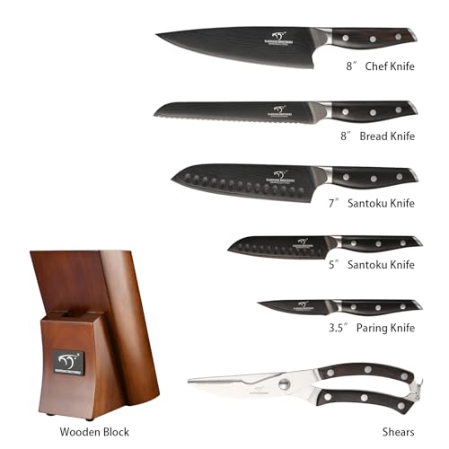 Image of NANFANG BROTHERS 7-Piece Damascus Knife Set with VG10 Core Blades, 67-Layer Damascus Steel, Black Titanium Coated Kitchen Knives for Polished Ebony Wood Handle, Ultra Sharp Chef Knife Set