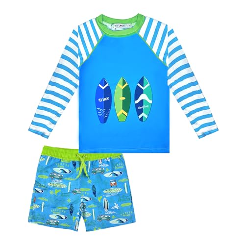 Boys Two Piece Rash Guard Swimsuits Sets Kids Long Sleeve Swim Trunks Bathing Suit Swimwear UPF 50+