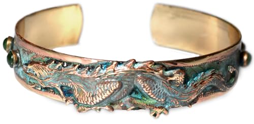 Elaine Coyne Collectible Artwear Verdigris Patina Brass Dragon Narrow Cuff Bracelet - Nephrite Jade