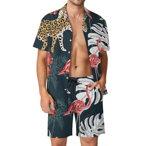 Chemise Hawaïenne Homme Léopard Flamant Rose Ensemble Fluide