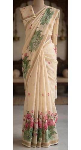 Image of Women's Linen Cotton Blend Saree Multicolor Ikat Brush Print Scalloped Border with Floral Print Unstitched Blouse Piece