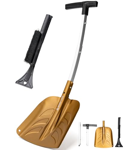 OneTigris Schneeschaufel Aluminium, mit Eiskratzerbürste, ausziehbares Schneeräumwerkzeug, klappbare Schaufel leicht für Camping, Garten, Winteraktivitäten Outdoor